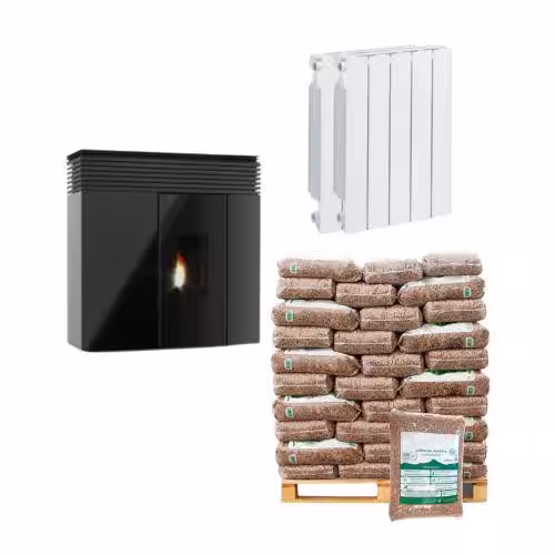 Kit Hidroestufa de Pellets 16kW Veronica Hall con Radiadores de agua 5 elementos 577kW y Pallet 1040kg de Pellets